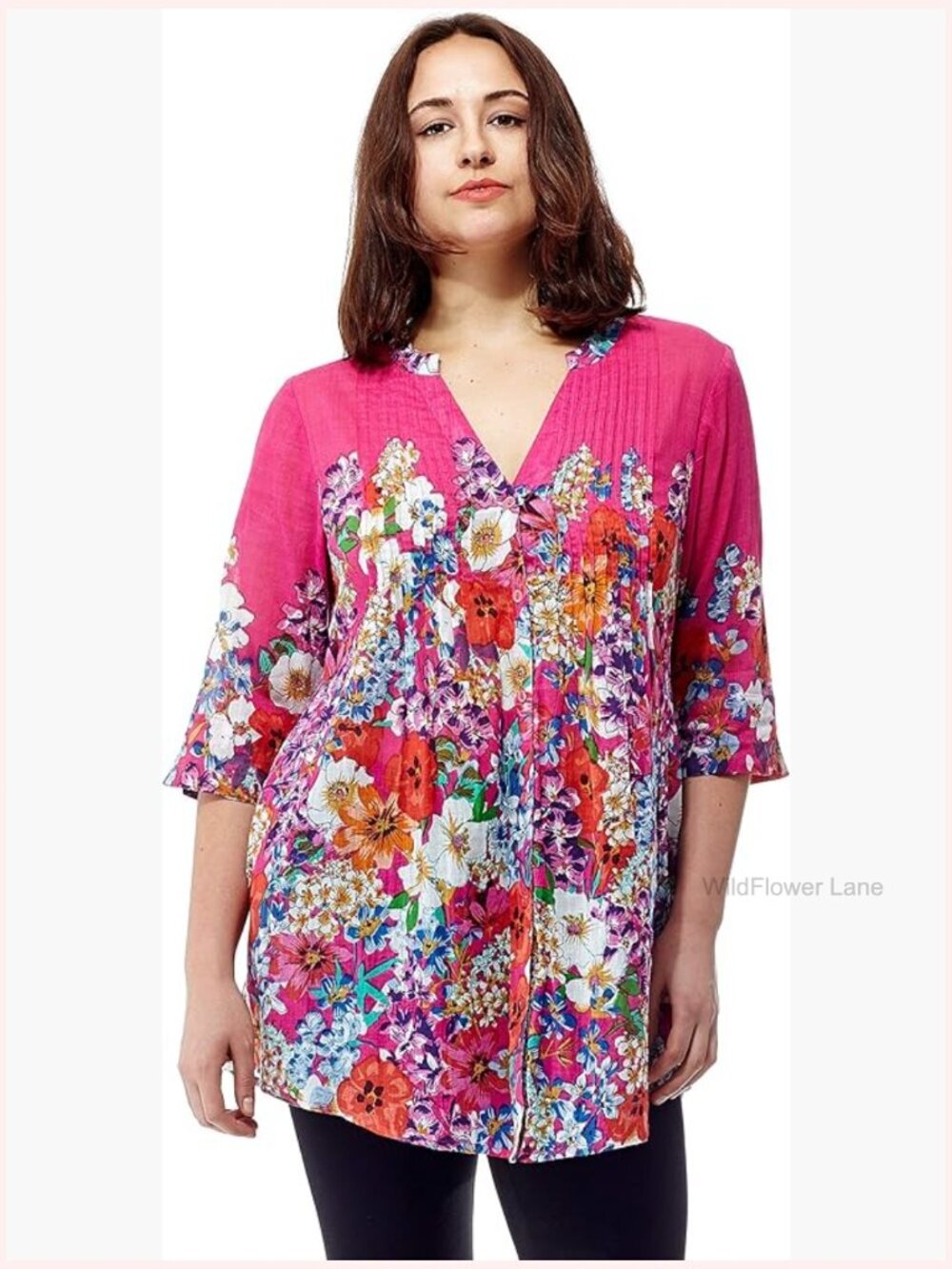 Women's Printed Tunic Button Down V-Neck 3/4 Sleeve Cotton Blouse